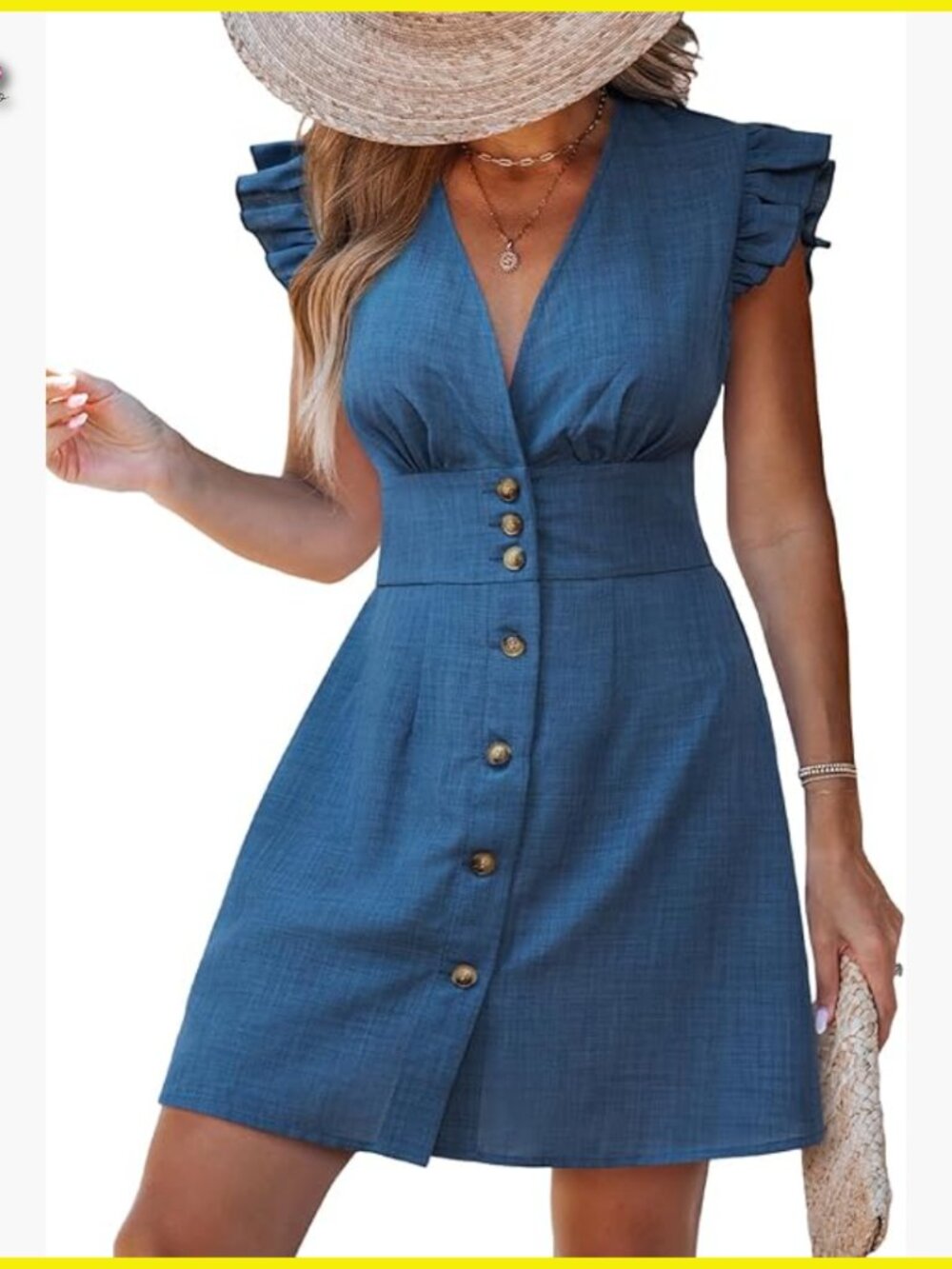 Striped V Neck Mini Dress Flutter Sleeve Ruffle Button Casual Sundress